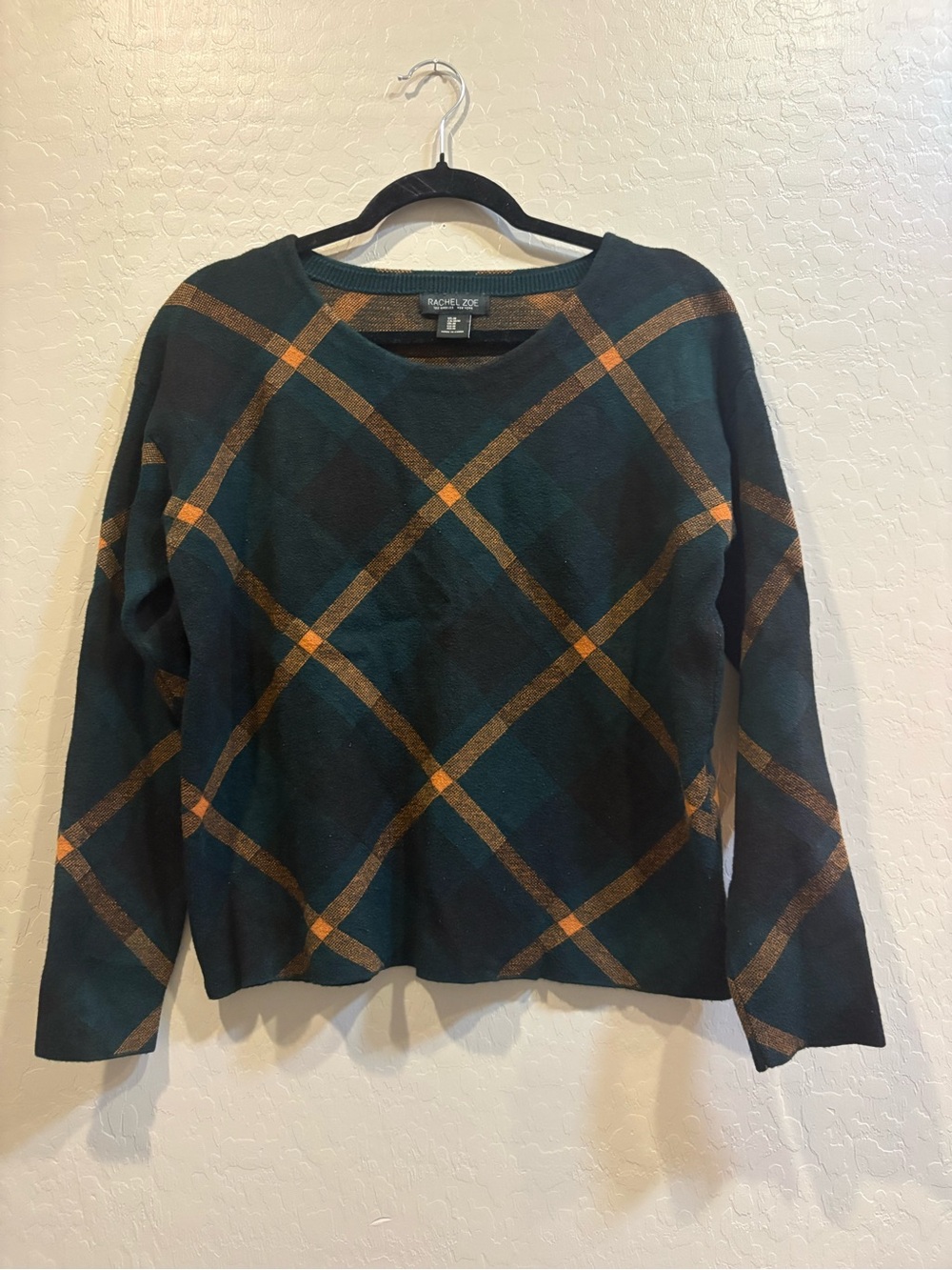 Rachel Zoe Teal Plaid Crewneck Sweater with Orange Trim